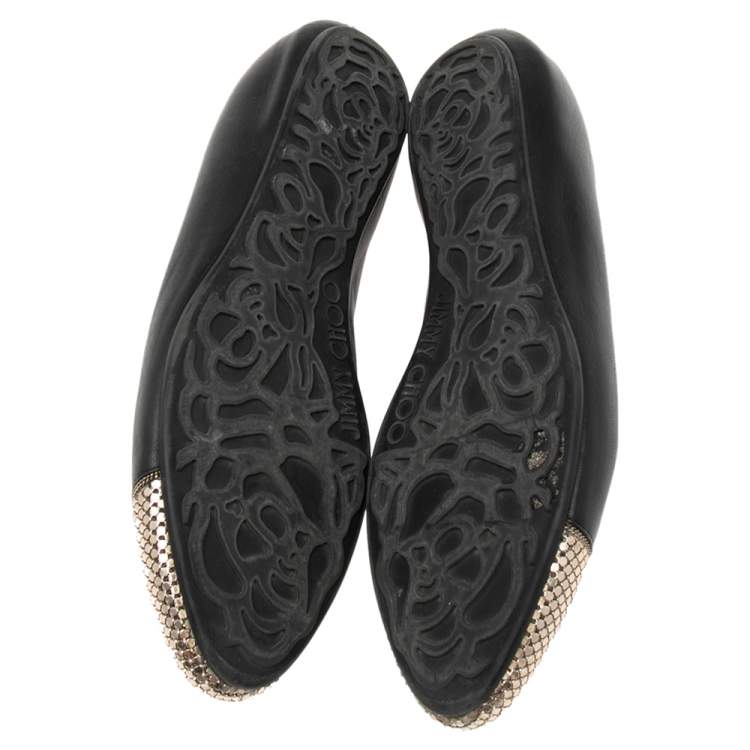 Pre Owned Jimmy Choo Black Leather and Gold Waine Crystal Embellished Cap-Toe Ballet Flats Size 40
