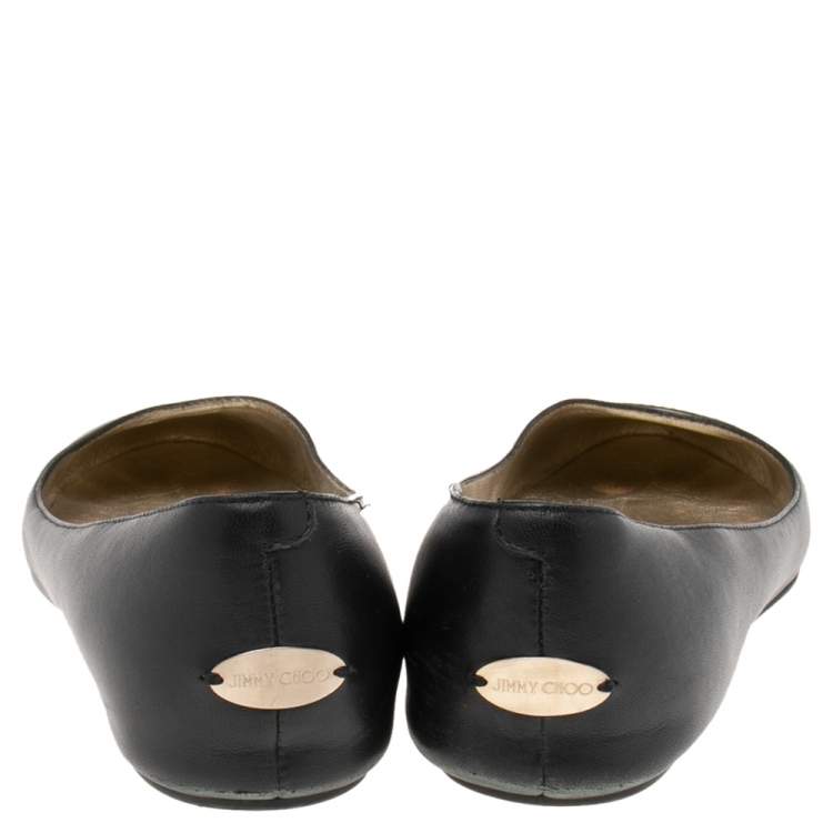 Pre Owned Jimmy Choo Black Leather and Gold Waine Crystal Embellished Cap-Toe Ballet Flats Size 40