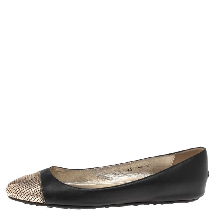 Pre Owned Jimmy Choo Black Leather and Gold Waine Crystal Embellished Cap-Toe Ballet Flats Size 40
