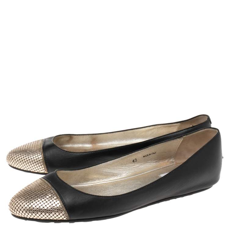 Pre Owned Jimmy Choo Black Leather and Gold Waine Crystal Embellished Cap-Toe Ballet Flats Size 40