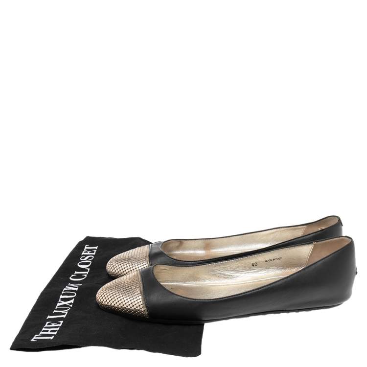 Pre Owned Jimmy Choo Black Leather and Gold Waine Crystal Embellished Cap-Toe Ballet Flats Size 40