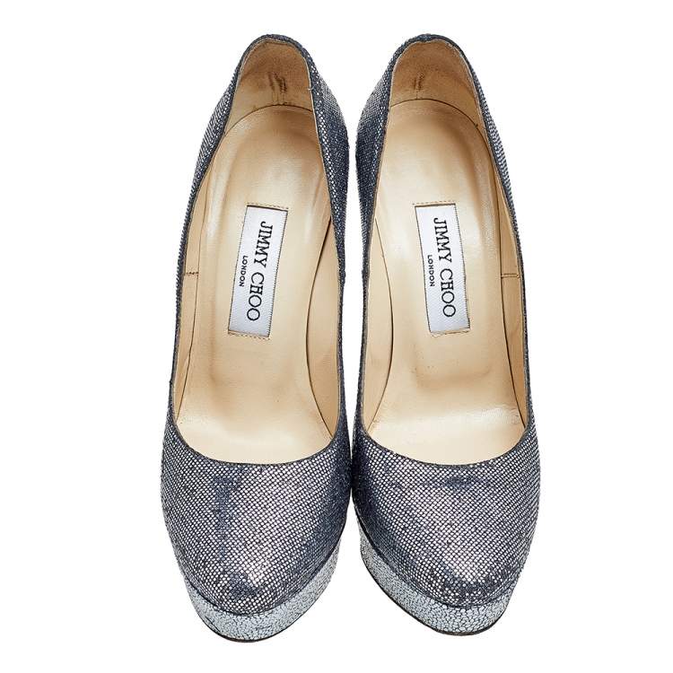 Pre Owned Jimmy Choo Silver Glitter Eros Platform Pumps Size 38