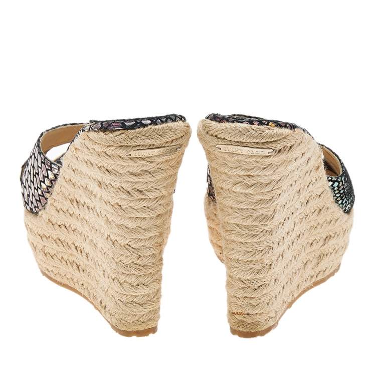 مملوكة مسبقًا Jimmy Choo Multicolor Holographic Python Effect Phyllis Espadrilles Wedges Slides Size 39.5
