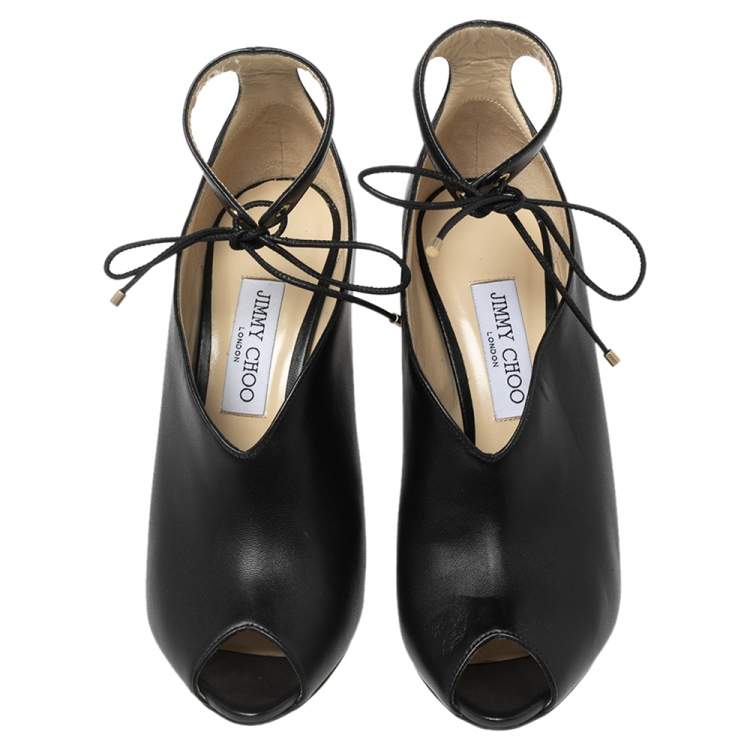 Pre Owned Jimmy Choo Black Leather Ankle Wrap Booties Size 40
