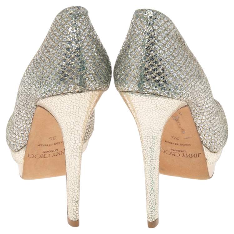 Pre Owned Jimmy Choo Silver Glitter Fabric Dahlia Platform Peep Toe Pumps Size 35