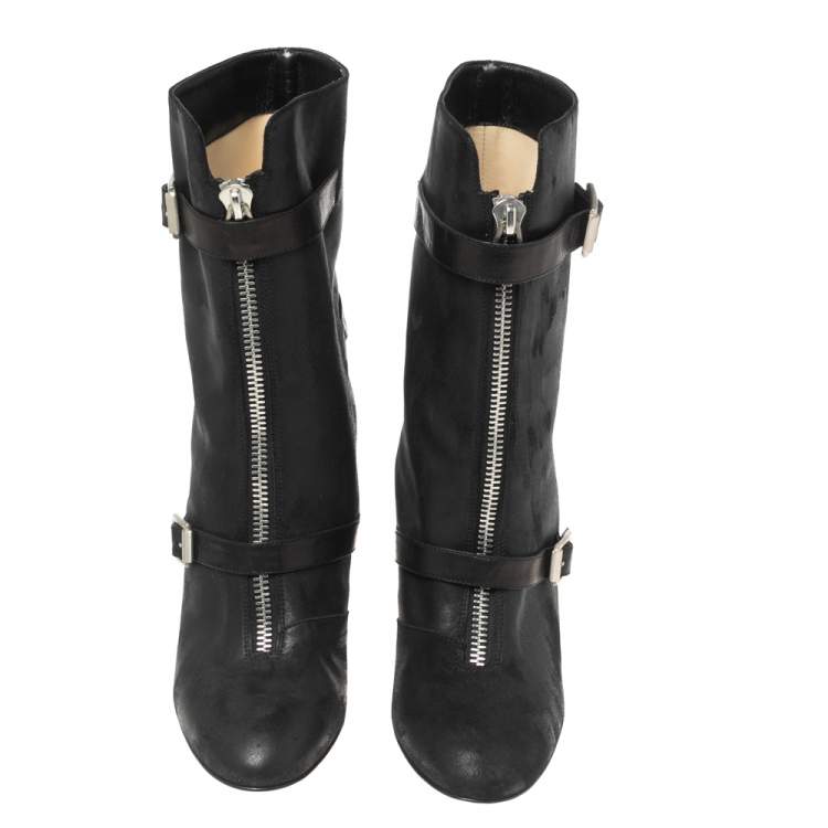Pre Owned Jimmy Choo Black Nubuck Leather Buckle Ankle Boots Size 41