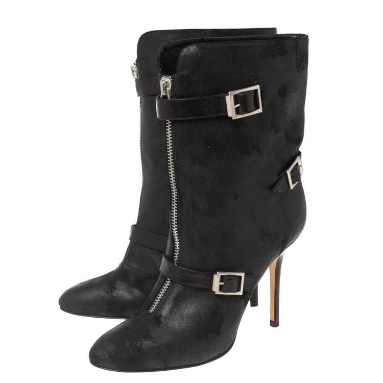 Pre Owned Jimmy Choo Black Nubuck Leather Buckle Ankle Boots Size 41