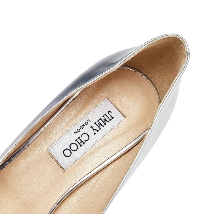 Pre Owned Jimmy Choo Metallic Silver Leather Crown Peep Toe Platform Pumps Size 39