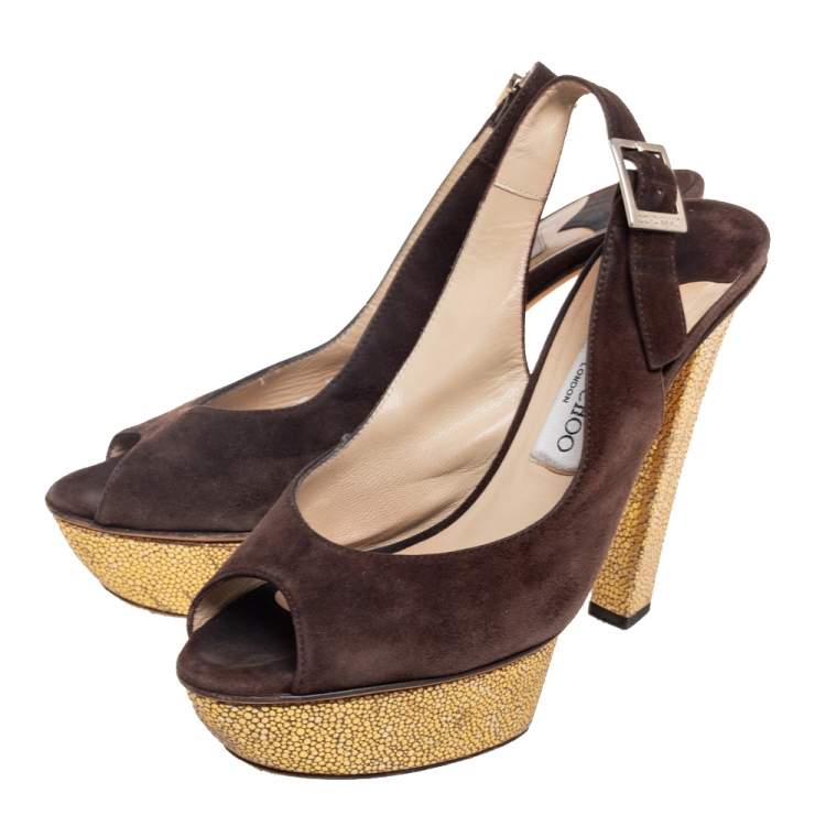 Pre Owned Jimmy Choo Brown Suede Lexy Platform Slingback Sandals Size 38.5