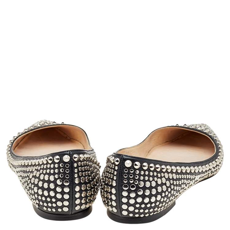 Pre Owned Jimmy Choo Black Leather Studded Pointed Toe Ballet Flats Size 37