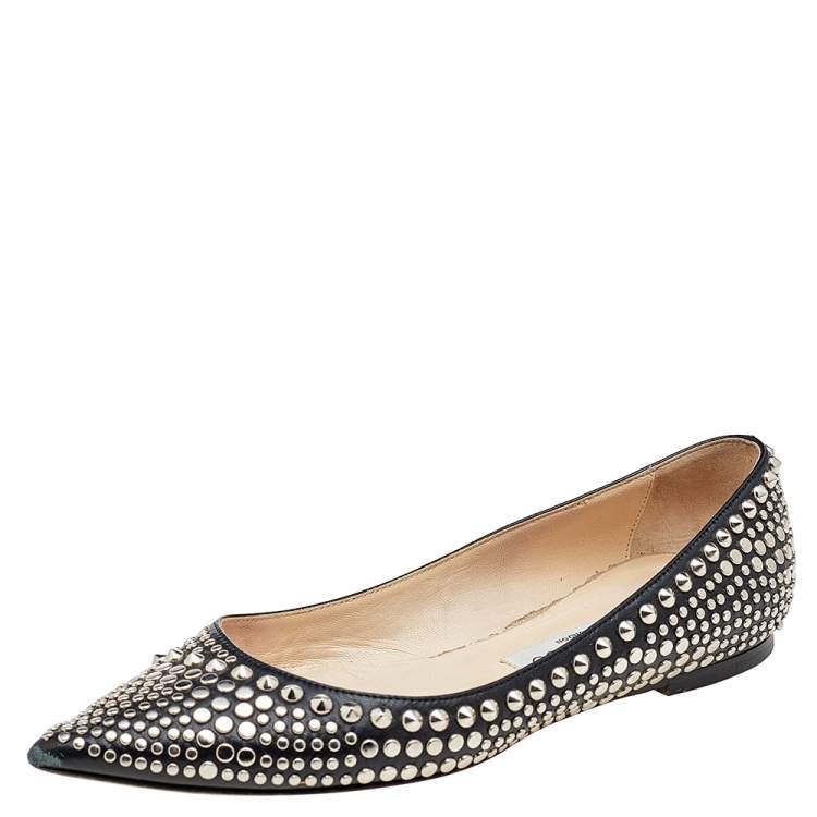 Pre Owned Jimmy Choo Black Leather Studded Pointed Toe Ballet Flats Size 37