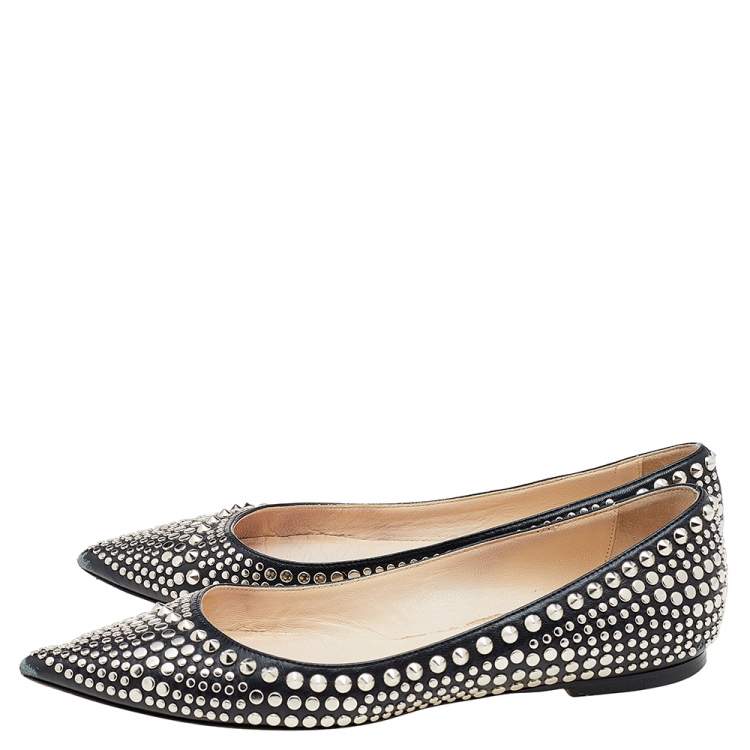 Pre Owned Jimmy Choo Black Leather Studded Pointed Toe Ballet Flats Size 37