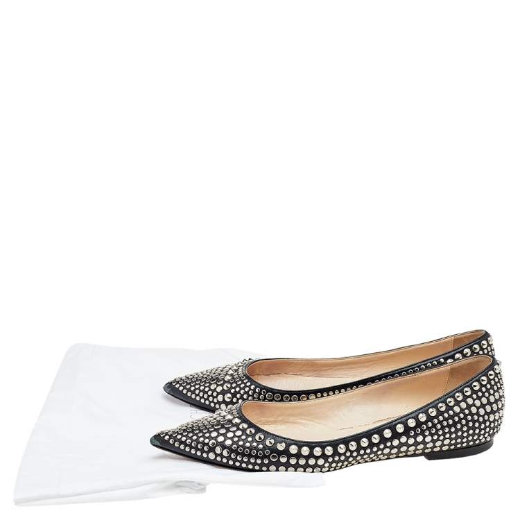 Pre Owned Jimmy Choo Black Leather Studded Pointed Toe Ballet Flats Size 37