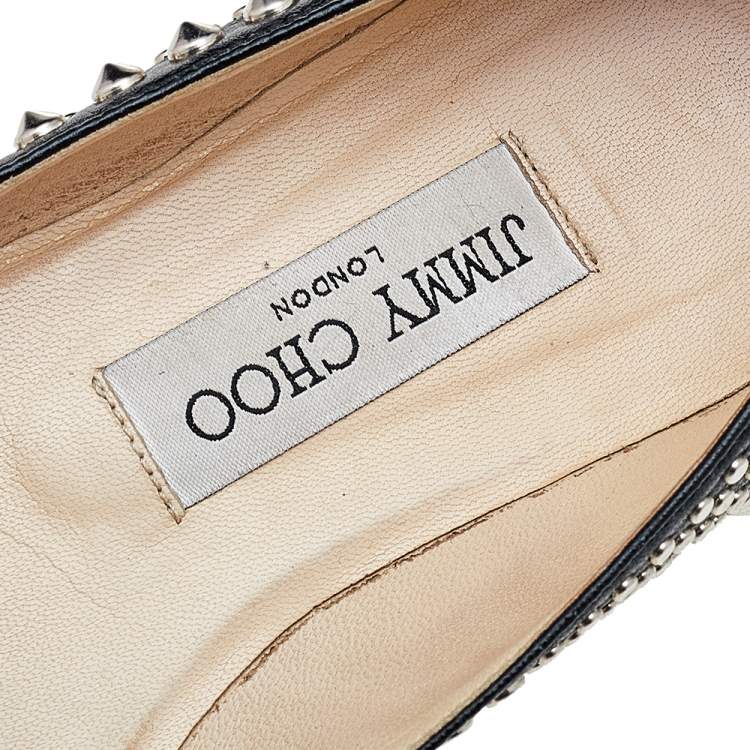 Pre Owned Jimmy Choo Black Leather Studded Pointed Toe Ballet Flats Size 37