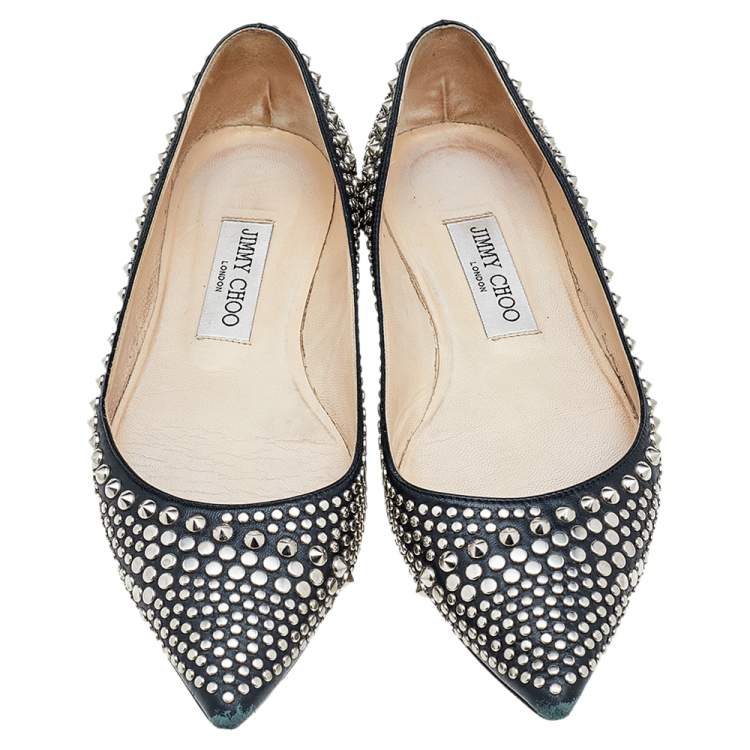 Pre Owned Jimmy Choo Black Leather Studded Pointed Toe Ballet Flats Size 37