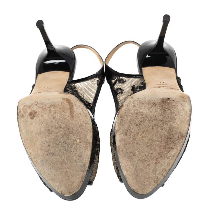 Pre Owned Jimmy Choo Black Lace and Patent Leather Nova Peep-Toe Slingback Sandals Size 39