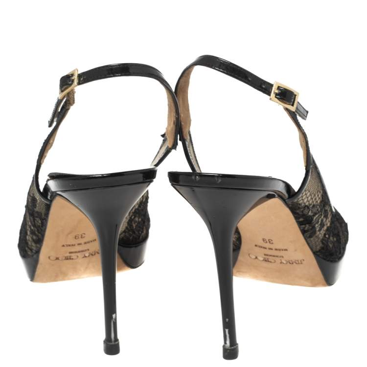 Pre Owned Jimmy Choo Black Lace and Patent Leather Nova Peep-Toe Slingback Sandals Size 39