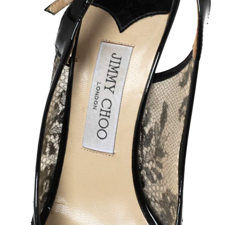 Pre Owned Jimmy Choo Black Lace and Patent Leather Nova Peep-Toe Slingback Sandals Size 39