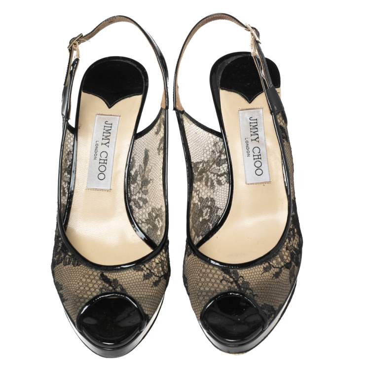 Pre Owned Jimmy Choo Black Lace and Patent Leather Nova Peep-Toe Slingback Sandals Size 39