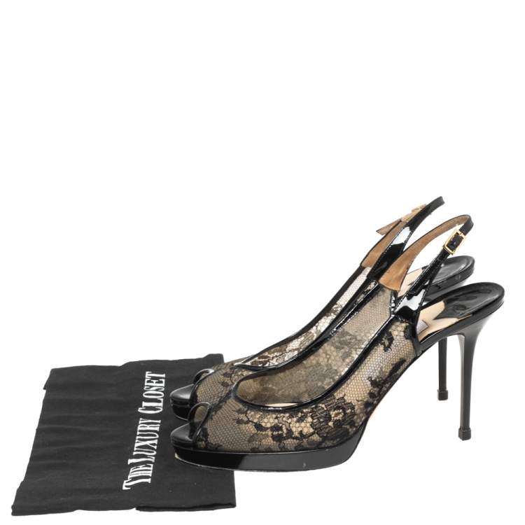 Pre Owned Jimmy Choo Black Lace and Patent Leather Nova Peep-Toe Slingback Sandals Size 39