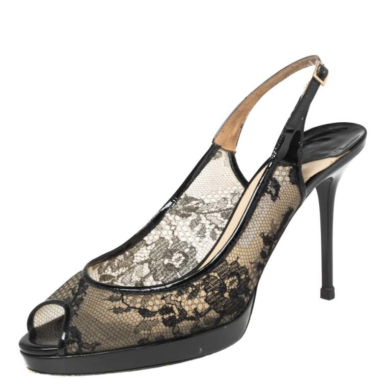 Pre Owned Jimmy Choo Black Lace and Patent Leather Nova Peep-Toe Slingback Sandals Size 39