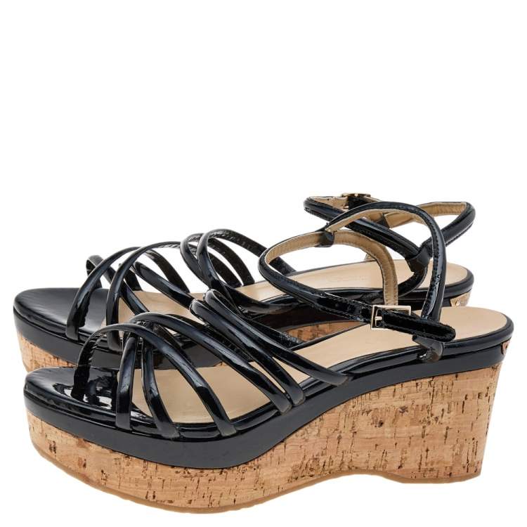 Pre Owned Jimmy Choo Black Patent Leather Cork Wedge Strappy Platform Sandals Size 38.5