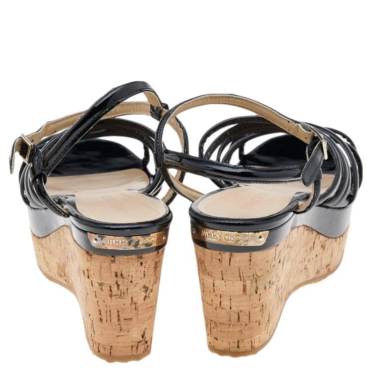 Pre Owned Jimmy Choo Black Patent Leather Cork Wedge Strappy Platform Sandals Size 38.5