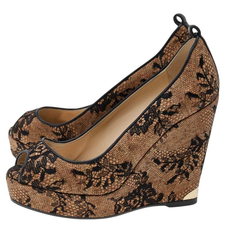 Pre Owned Jimmy Choo Beige/Black Lace And Cork Pacific Platform Peep Toe Pumps Size 38