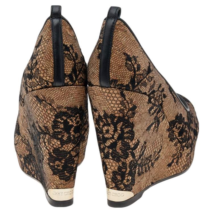 Pre Owned Jimmy Choo Beige/Black Lace And Cork Pacific Platform Peep Toe Pumps Size 38