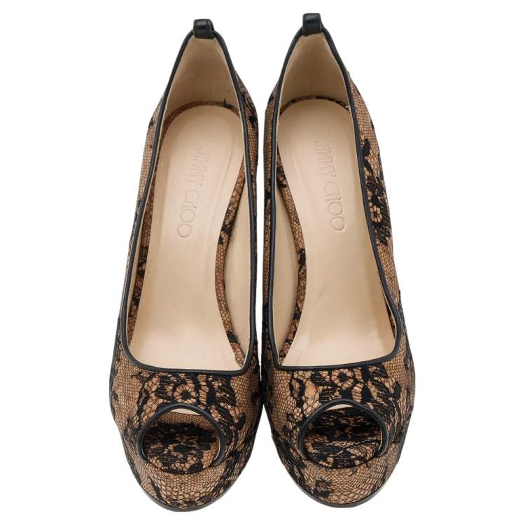 Pre Owned Jimmy Choo Beige/Black Lace And Cork Pacific Platform Peep Toe Pumps Size 38