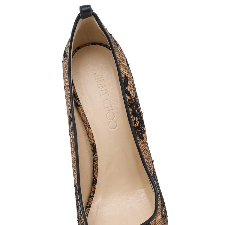 Pre Owned Jimmy Choo Beige/Black Lace And Cork Pacific Platform Peep Toe Pumps Size 38