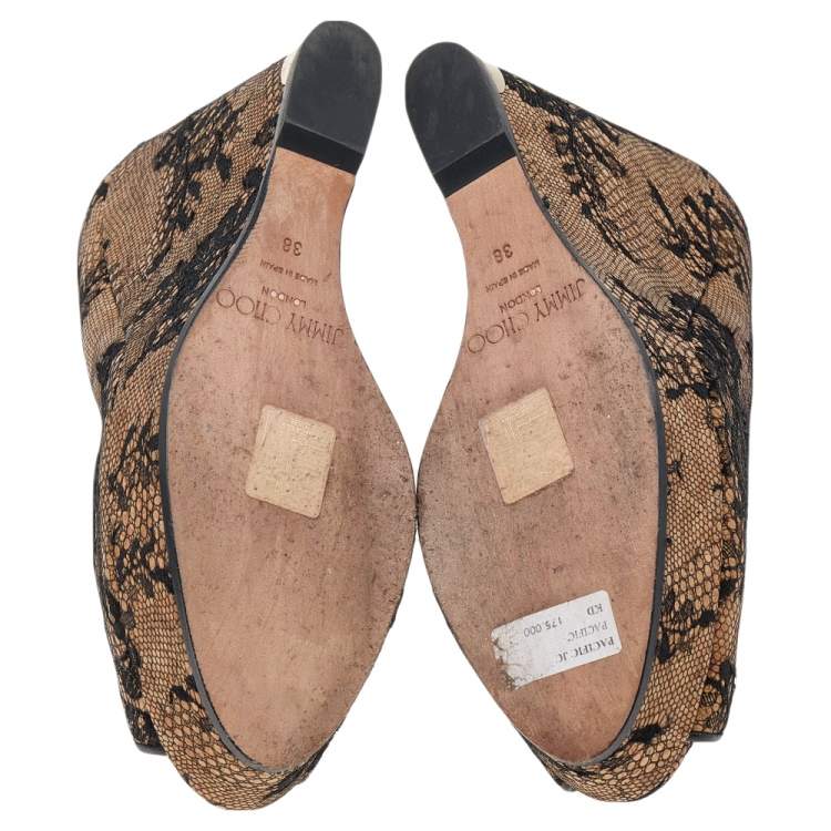 Pre Owned Jimmy Choo Beige/Black Lace And Cork Pacific Platform Peep Toe Pumps Size 38