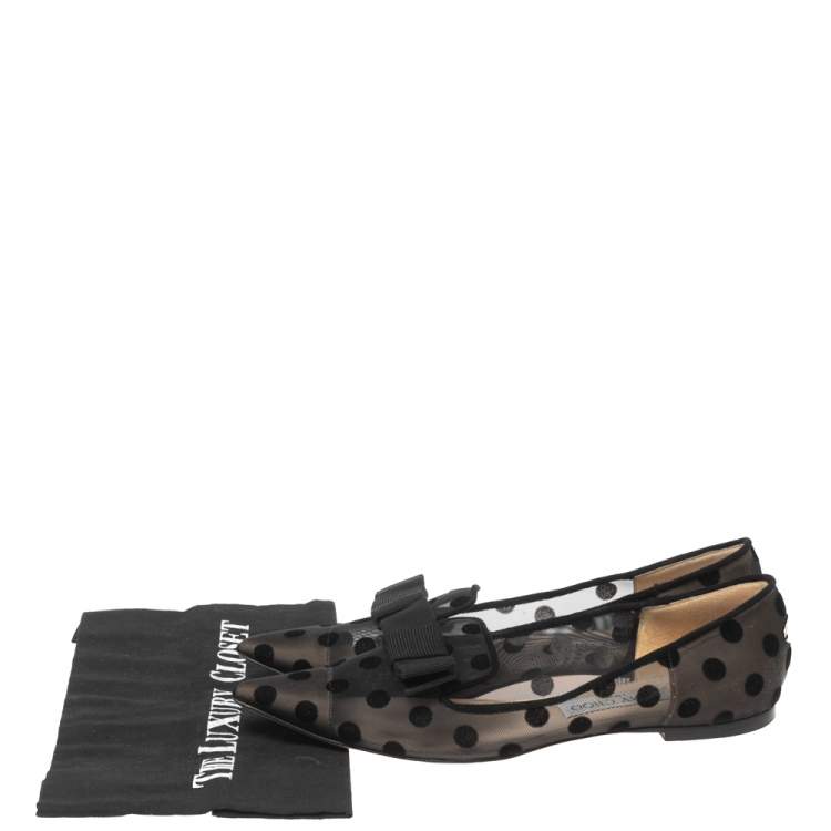 Pre Owned Jimmy Choo Black Gala Flocked Mesh Pointed-Toe Ballet Flats Size 38.5