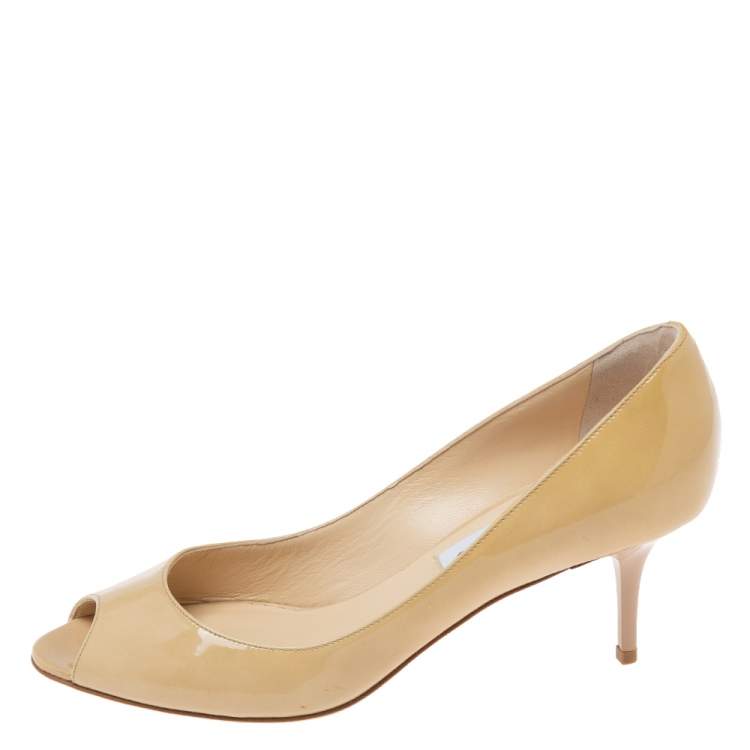 Pre Owned Jimmy Choo Champagne Yellow Patent Leather Isabel Peep-Toe Pumps Size 37.5 