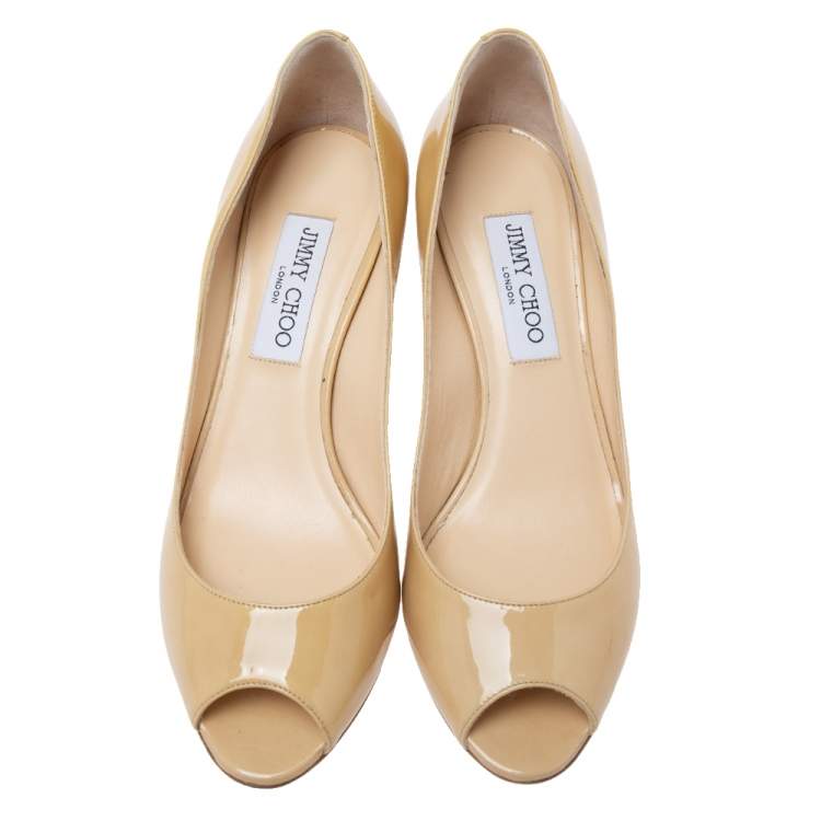 Pre Owned Jimmy Choo Champagne Yellow Patent Leather Isabel Peep-Toe Pumps Size 37.5 