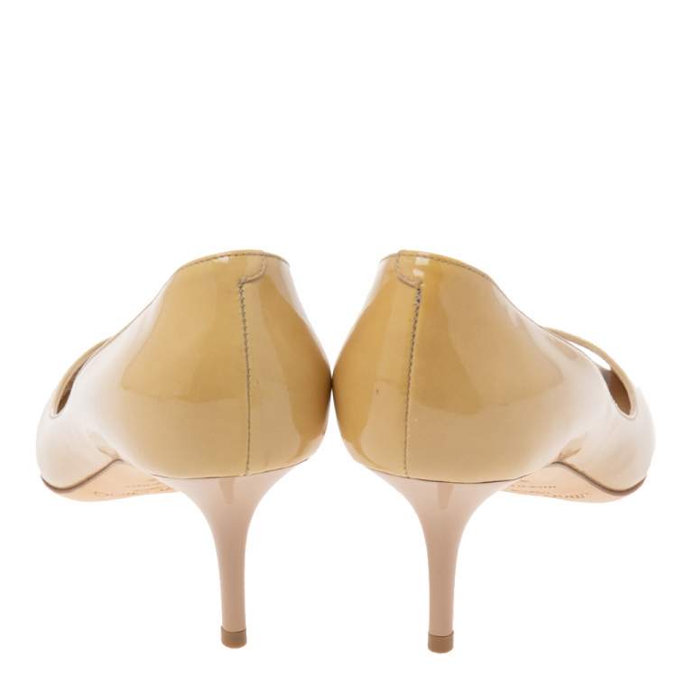 Pre Owned Jimmy Choo Champagne Yellow Patent Leather Isabel Peep-Toe Pumps Size 37.5 