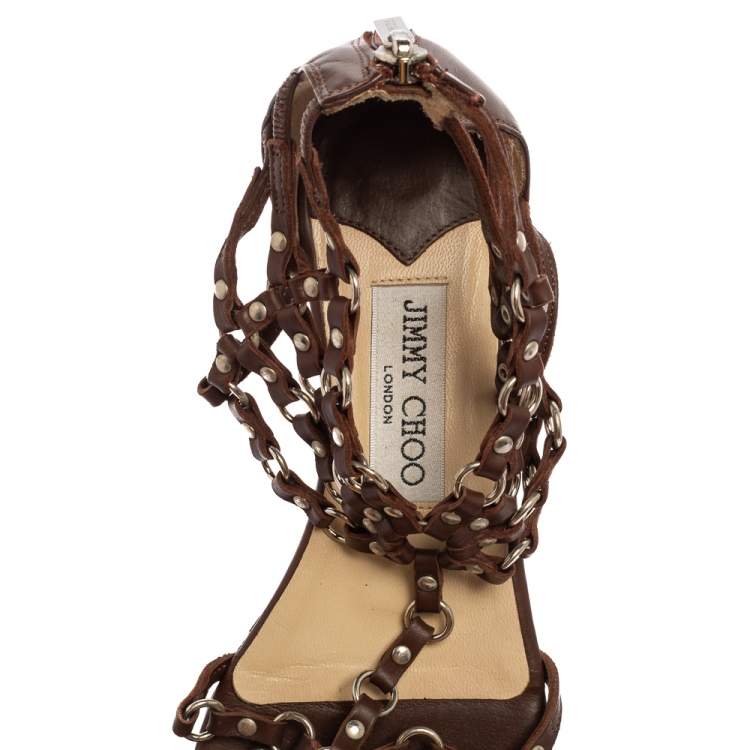 Pre Owned Jimmy Choo Brown Leather Studded Caged T-Strap Flat Sandals Size 37.5