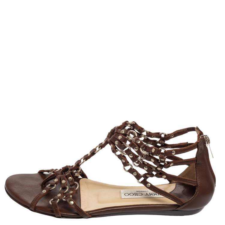 Pre Owned Jimmy Choo Brown Leather Studded Caged T-Strap Flat Sandals Size 37.5