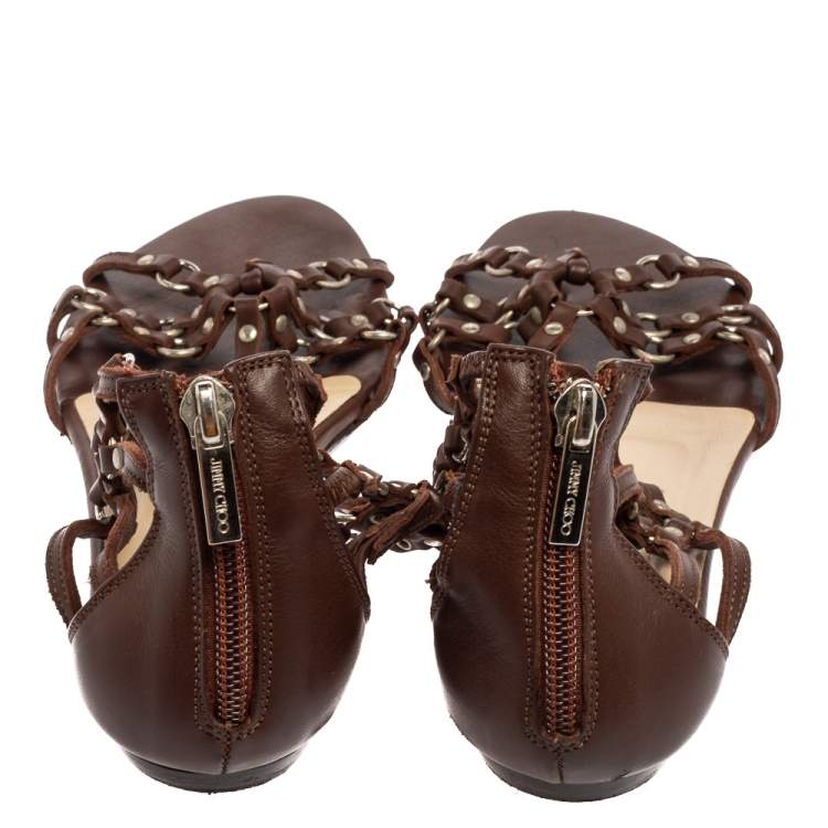 Pre Owned Jimmy Choo Brown Leather Studded Caged T-Strap Flat Sandals Size 37.5