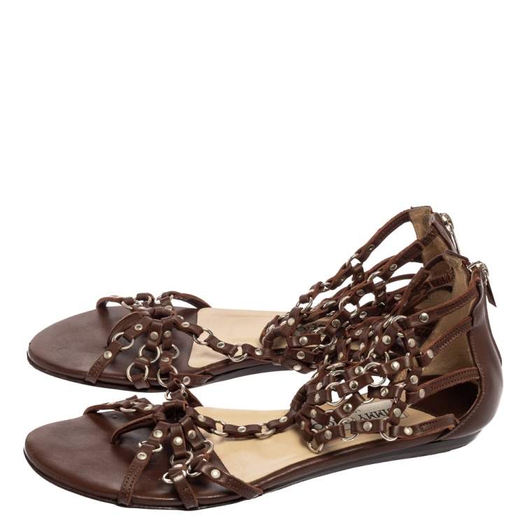 Pre Owned Jimmy Choo Brown Leather Studded Caged T-Strap Flat Sandals Size 37.5