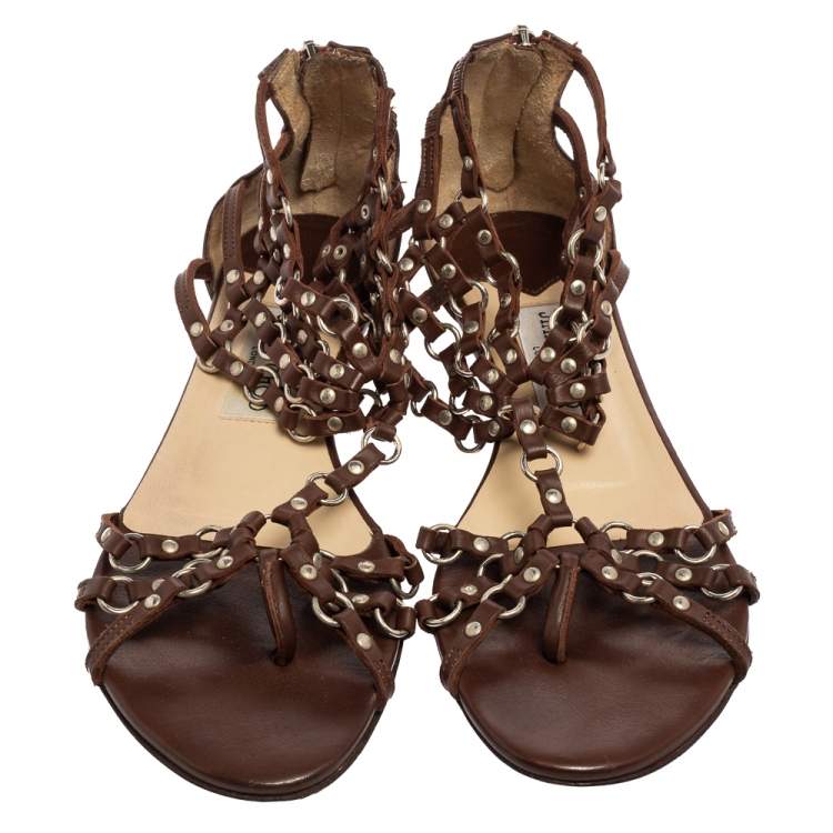 Pre Owned Jimmy Choo Brown Leather Studded Caged T-Strap Flat Sandals Size 37.5