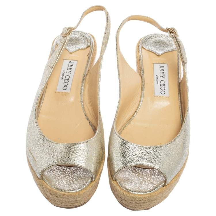 Pre Owned Jimmy Choo Silver Leather Cork Wedge Sandals Size 40