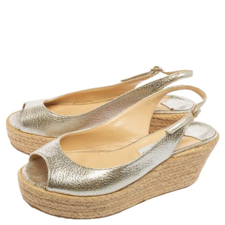 Pre Owned Jimmy Choo Silver Leather Cork Wedge Sandals Size 40