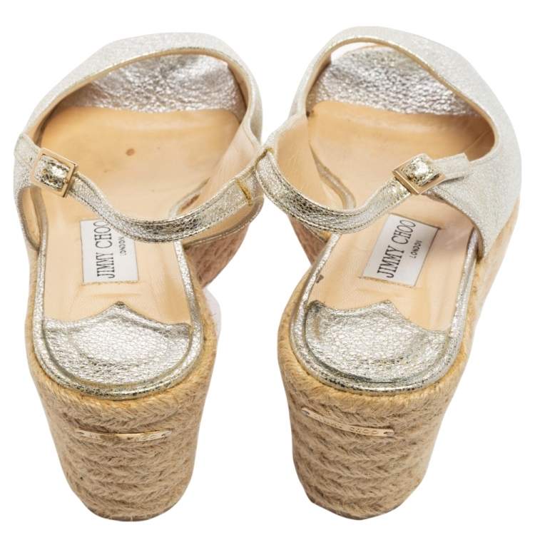 Pre Owned Jimmy Choo Silver Leather Cork Wedge Sandals Size 40