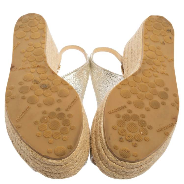Pre Owned Jimmy Choo Silver Leather Cork Wedge Sandals Size 40