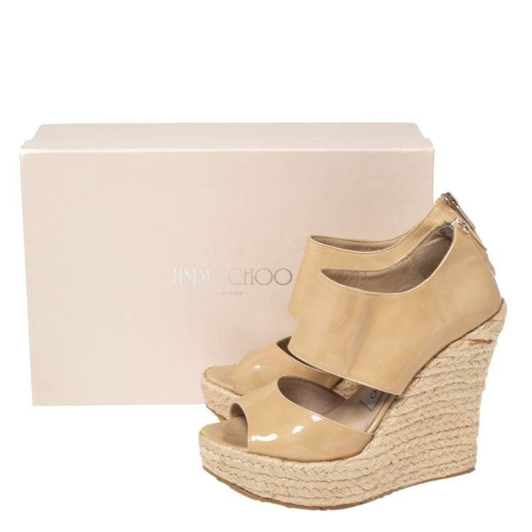 Pre Owned Jimmy Choo Beige Patent Leather Patriot Wedge Espadrille Sandals Size 35.5
