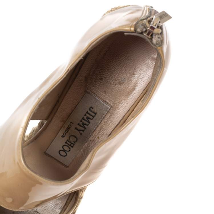 Pre Owned Jimmy Choo Beige Patent Leather Patriot Wedge Espadrille Sandals Size 35.5