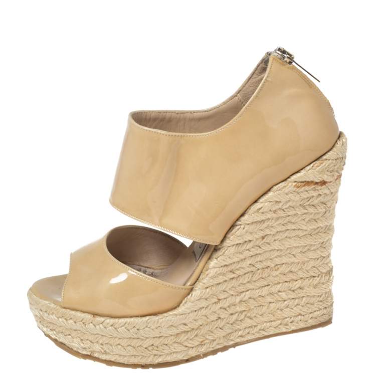 Pre Owned Jimmy Choo Beige Patent Leather Patriot Wedge Espadrille Sandals Size 35.5