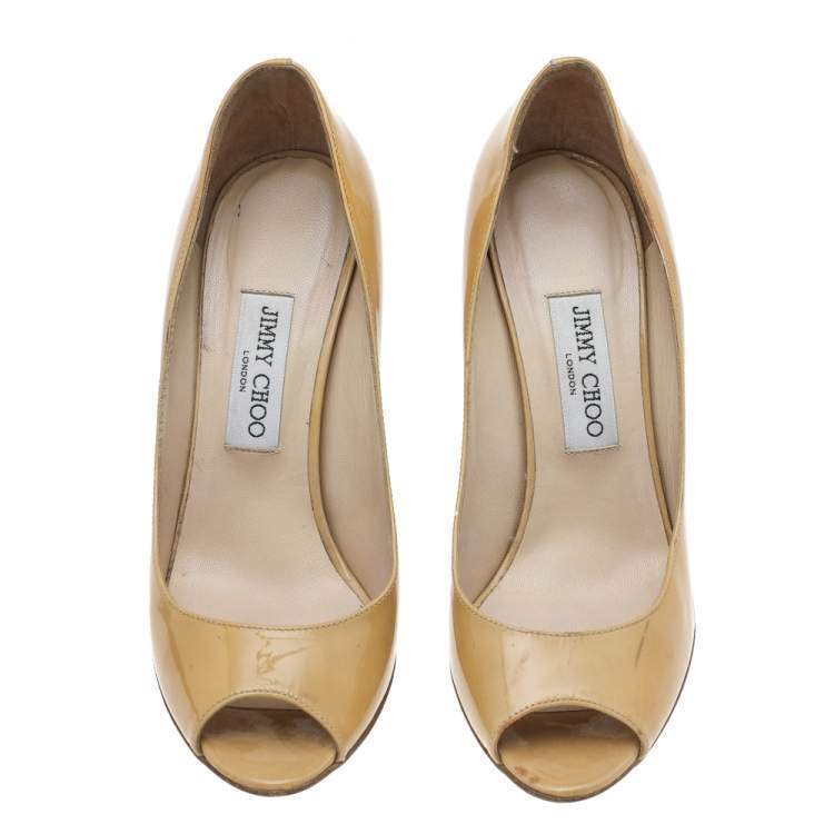 Pre Owned Jimmy Choo Beige Patent Leather Baxen Wedge Peep Toe Pumps Size 39