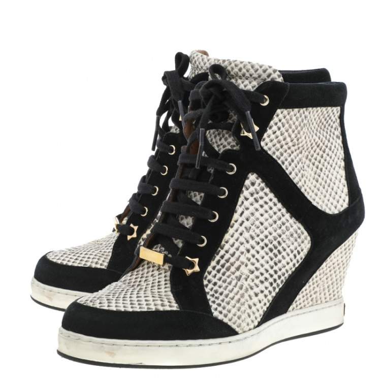 Pre Owned Jimmy Choo Black/Beige Suede And Python Embossed Leather Wedge Sneakers Size 38.5